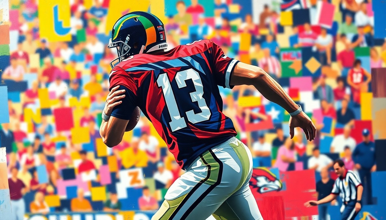 A fragmented, geometric painting depicting a football player in motion, with sharp planes of color representing the player's form and the surrounding field of play.