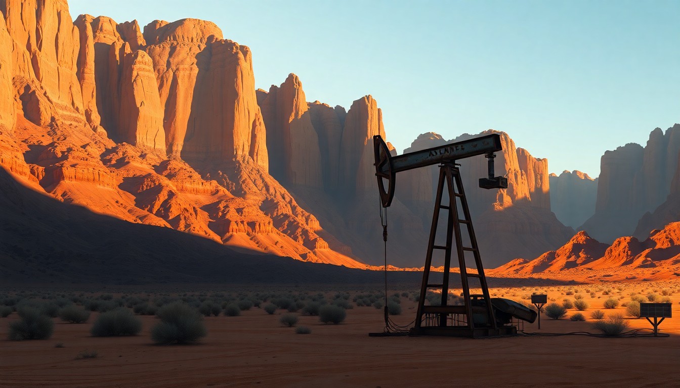 A serene, cinematic painting depicting a lone oil pump jack standing in the shadow of towering rock formations, the warm sunlight and deep shadows creating a sense of tension between industry and the fragile desert landscape.