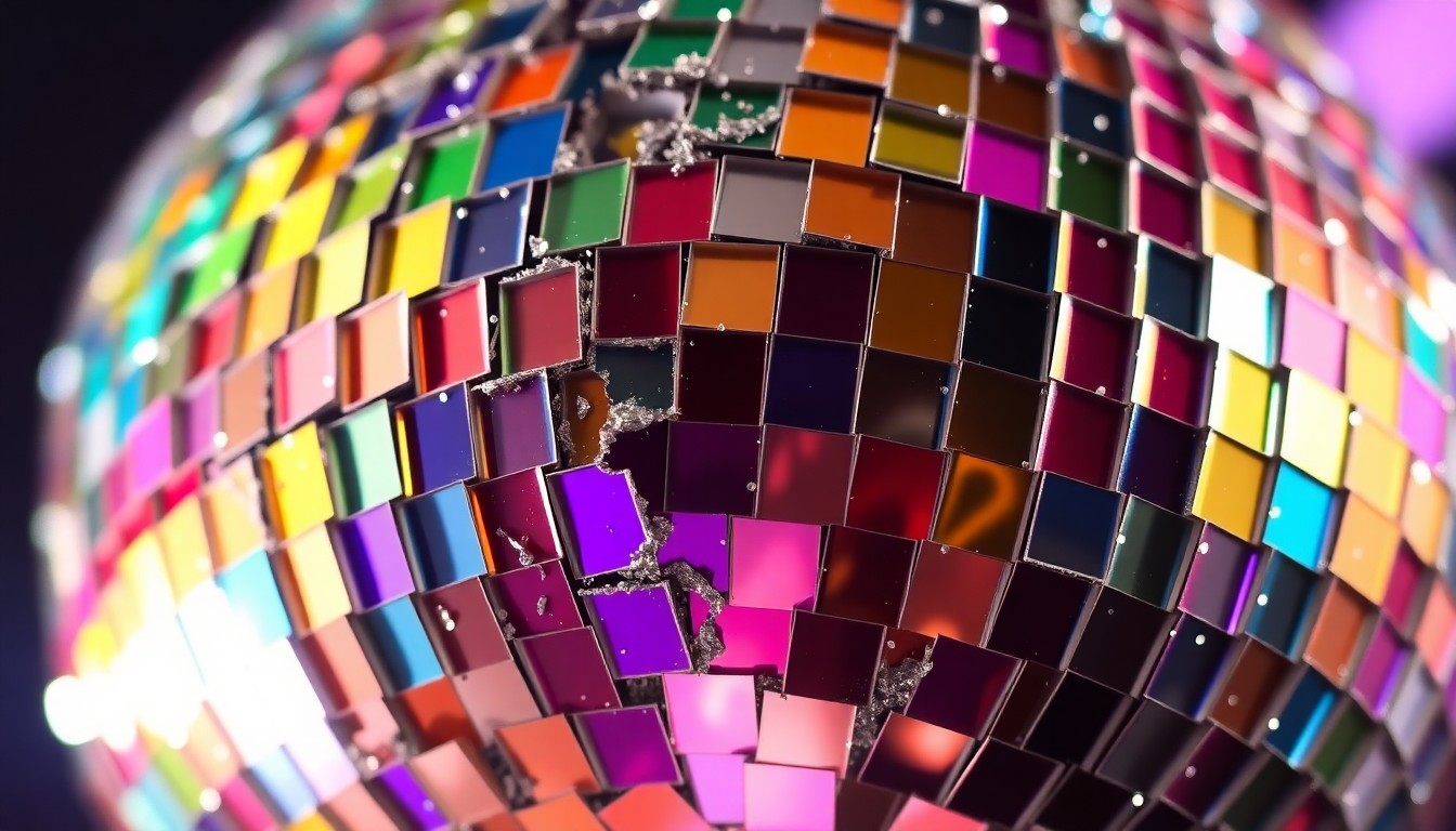 An extreme close-up of a shattered, glittering disco ball reflecting a kaleidoscope of rainbow colors, conceptually representing the fractured fan response to the new Star Trek series.