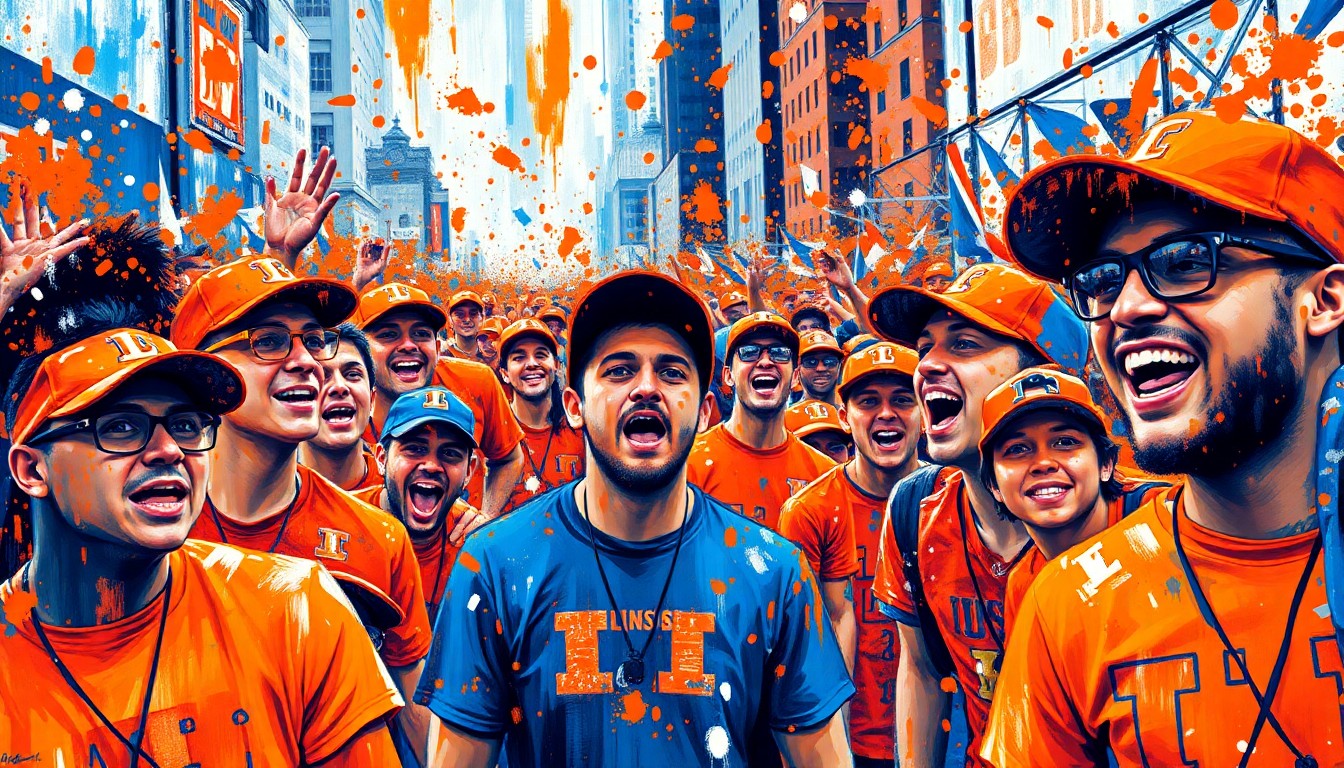 An abstract expressionist painting in vibrant neon colors, with rapid brushstrokes and dissolving shapes representing the energy and excitement of Illinois basketball fans flooding the streets of Indianapolis for the Final Four.