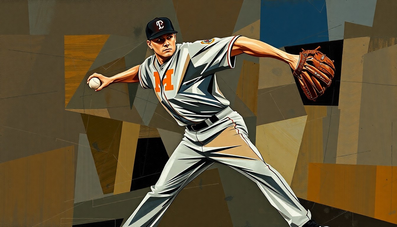 A cubist, deconstructed painting depicting the angular, overlapping forms of a baseball pitcher's delivery, rendered in a muted palette of browns, grays, and blues to convey the conceptual idea of a player seeking a fresh start.
