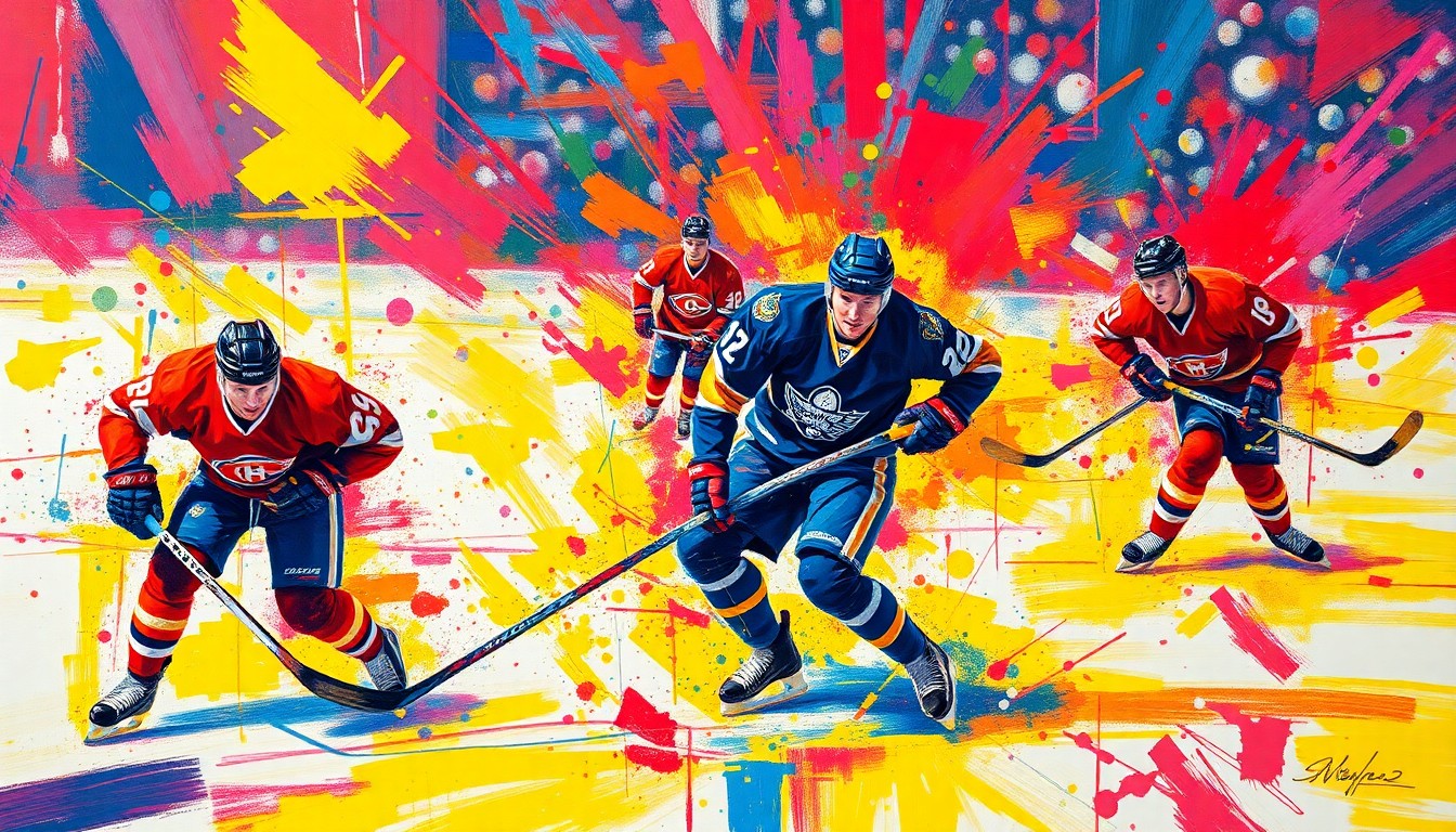 An abstract, expressionist painting in neon colors depicting the frenetic energy and movement of a hockey game, with players' forms dissolving into vibrant brushstrokes.