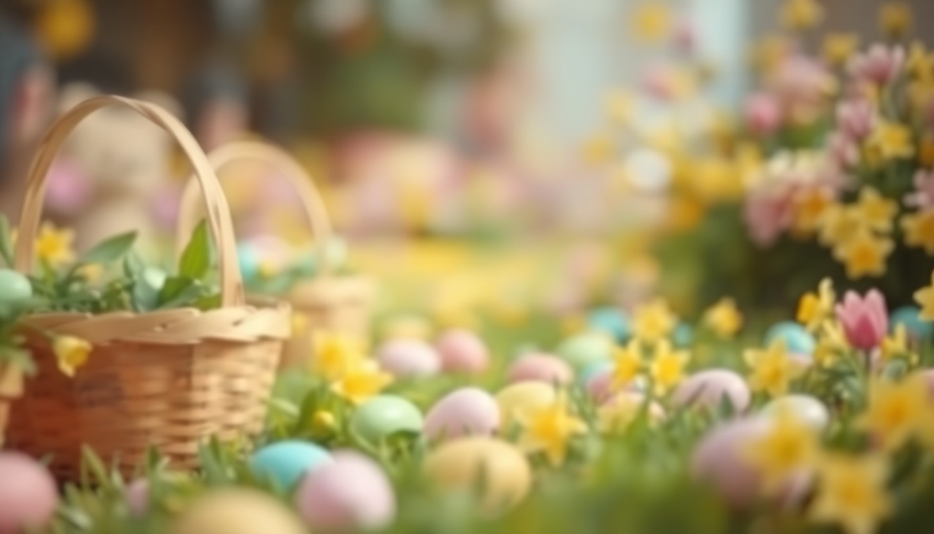 An abstract, impressionistic scene of blurred, colorful Easter baskets, plastic eggs, and greenery, conveying the joyful energy of a community egg hunt event.