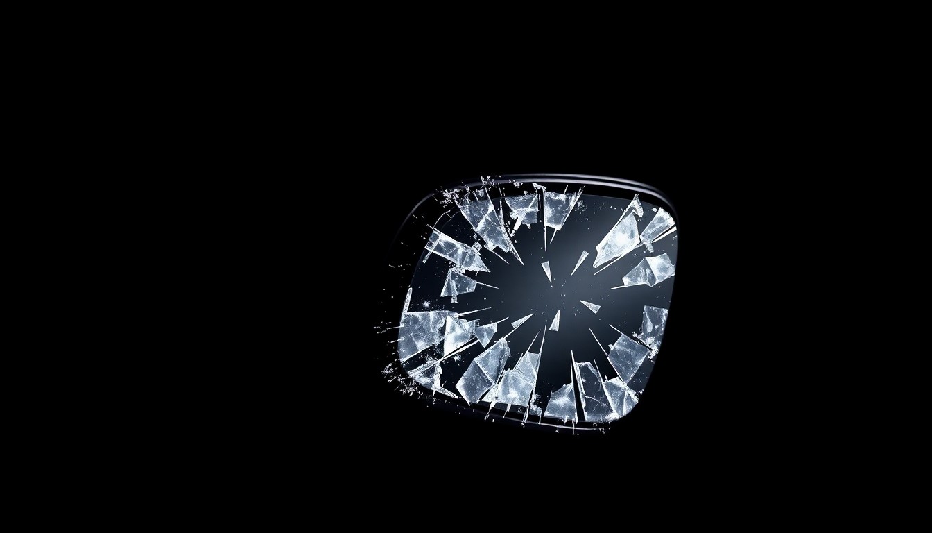 An extreme close-up photograph of a shattered car side mirror against a pitch-black background, conveying the stark, sudden, and investigative nature of a hit-and-run incident.
