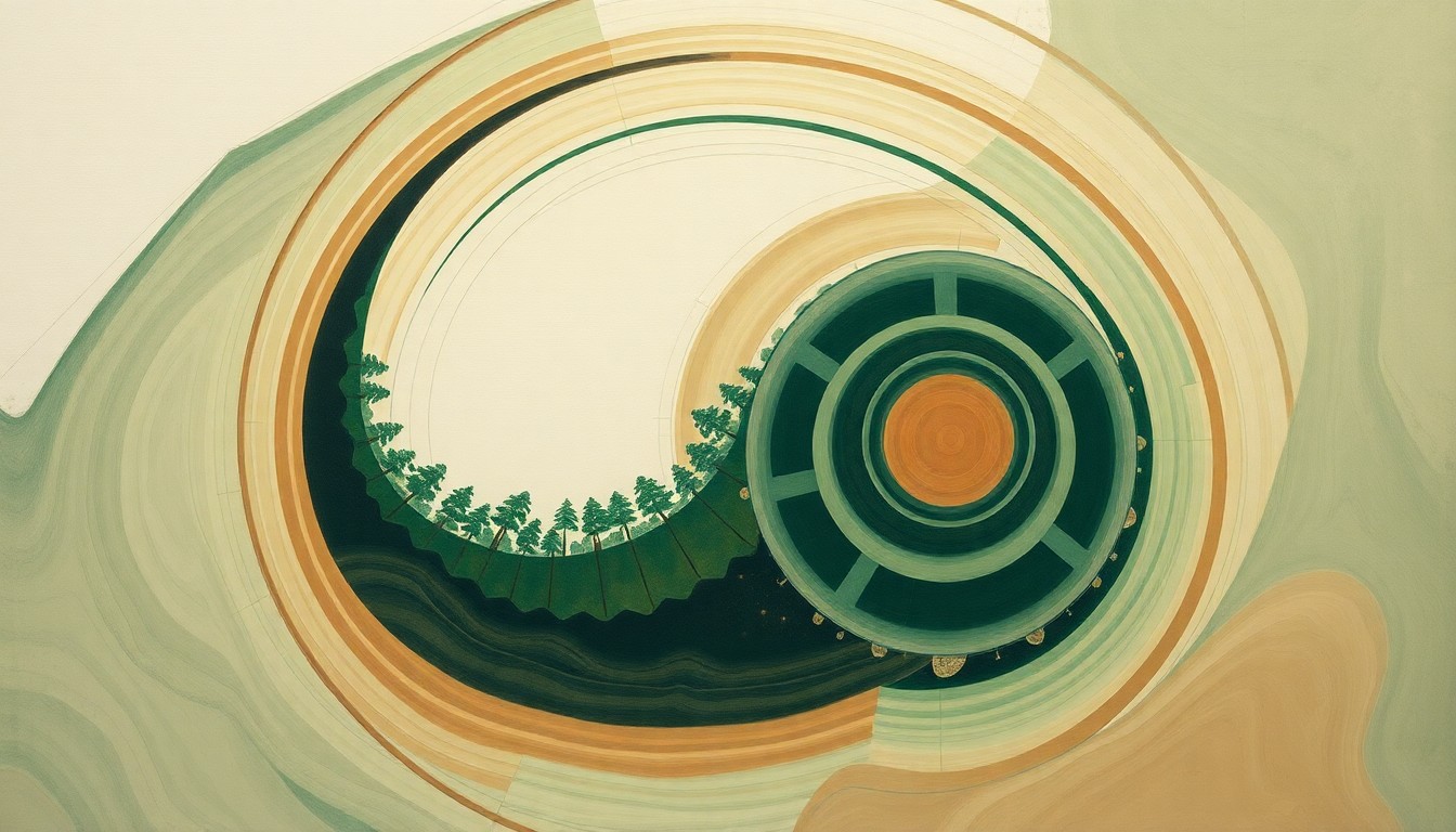 A bold, abstract painting in muted greens, browns, and blues featuring sweeping geometric arcs, concentric circles, and precise botanical spirals, conceptually representing the complex scientific research conducted by UAM graduate students to study and protect natural systems.