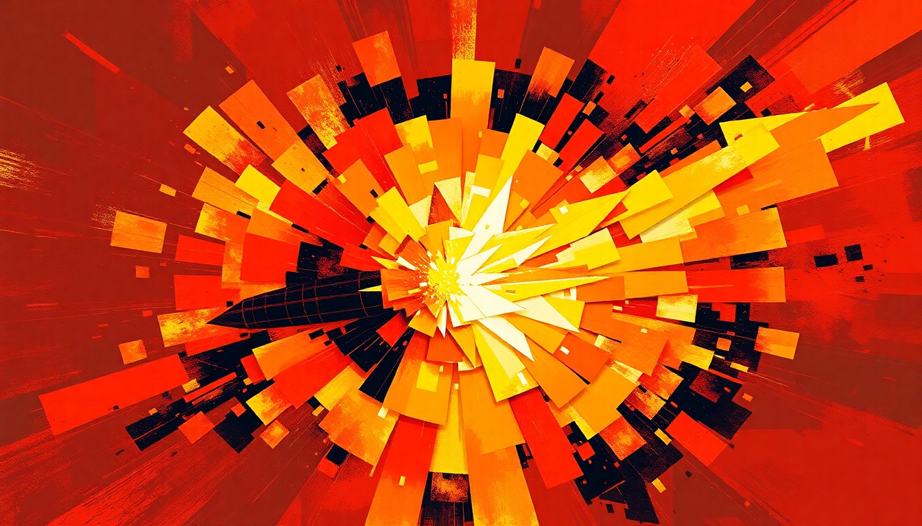 A dynamic, abstract painting of an explosive event in shades of red, orange, and yellow, capturing the chaotic energy and destruction of war through fragmented, overlapping geometric shapes and brushstrokes.