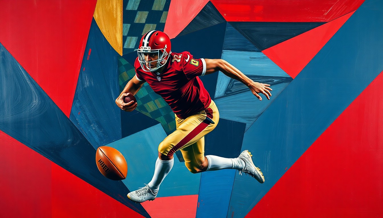 A fragmented, cubist-style painting depicting a football player in mid-motion, with their body broken down into sharp, overlapping geometric shapes in a palette of deep red, navy blue, and metallic gold, conveying a sense of tension and unease.