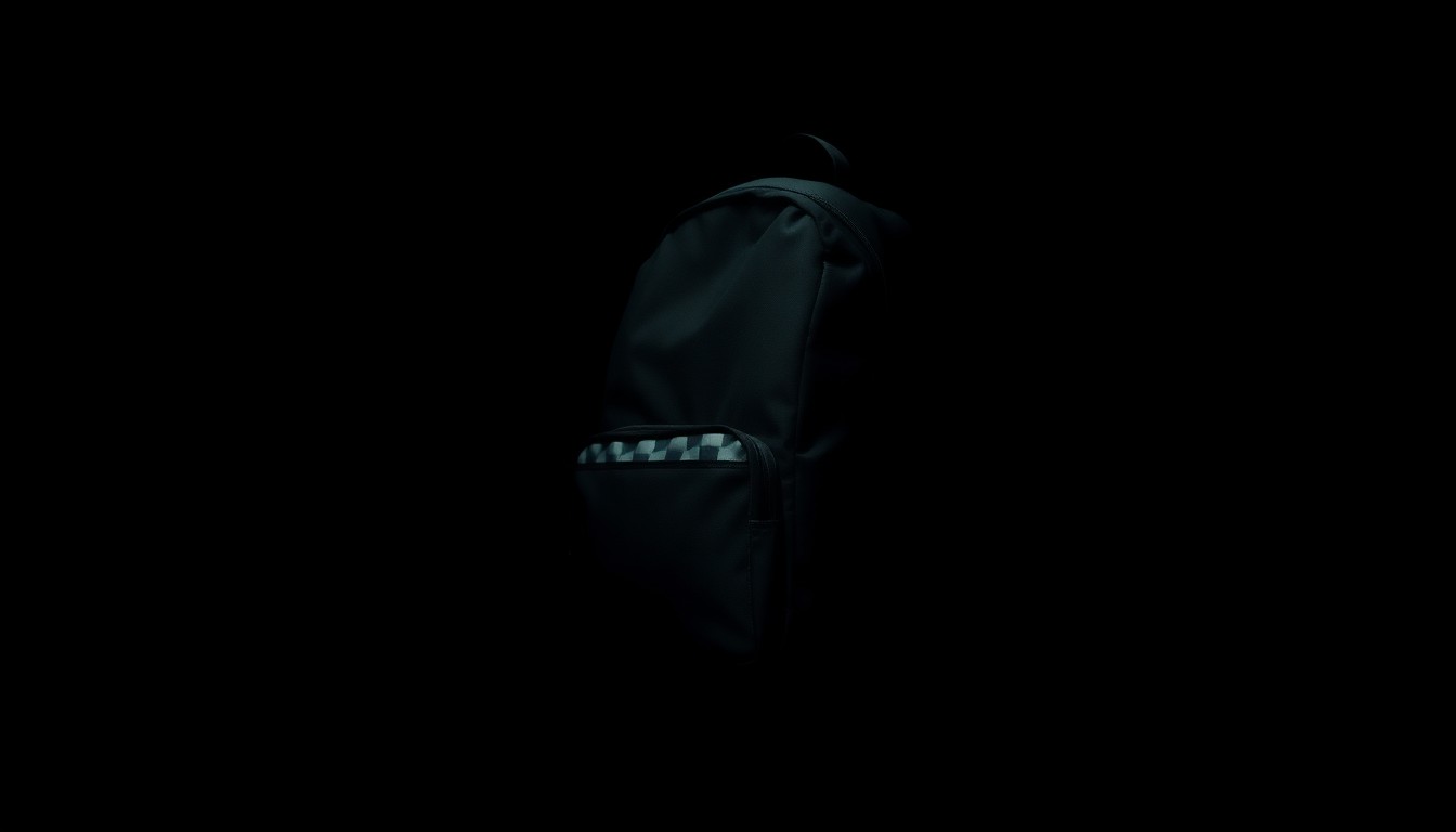 An extreme close-up photograph of a black backpack, the only visible detail being the rough texture of the fabric, lit by a harsh, direct camera flash against a pitch-black background, creating a stark, gritty, investigative aesthetic.