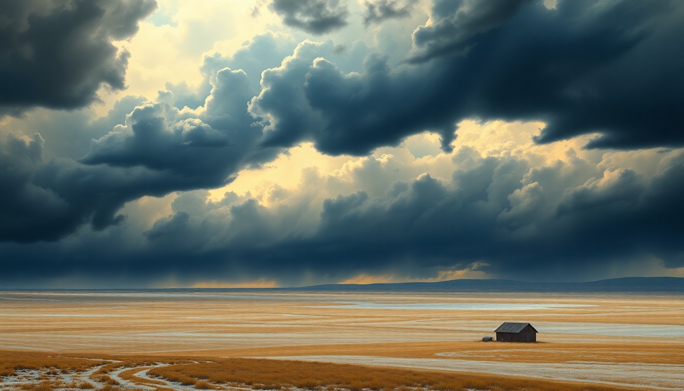 A vast, atmospheric landscape painting depicting the sweeping plains of Nebraska under a dramatic, stormy sky. The scene uses deep perspective and dramatic lighting to convey the scale and power of the changing weather conditions.