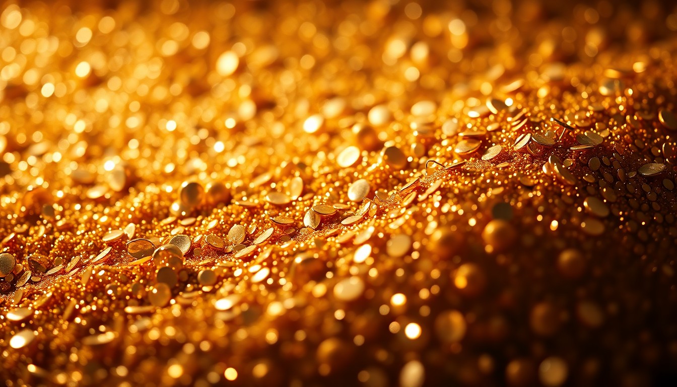 An abstract close-up image of shimmering gold sequins and glittering disco ball fragments, captured in dramatic high-contrast studio lighting to create a luxurious, high-fashion aesthetic.