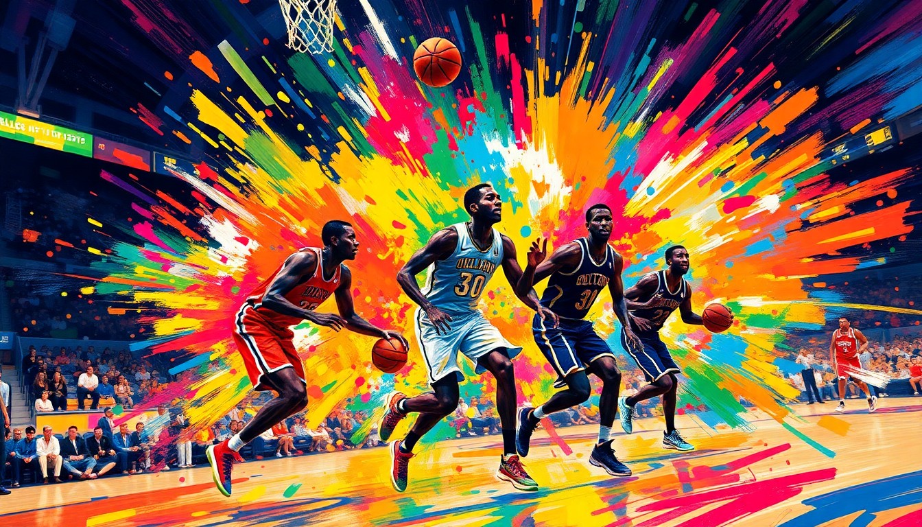 An abstract, energetic painting in neon colors depicting the motion and intensity of a college basketball game, with players' forms blending into expressive brushstrokes.