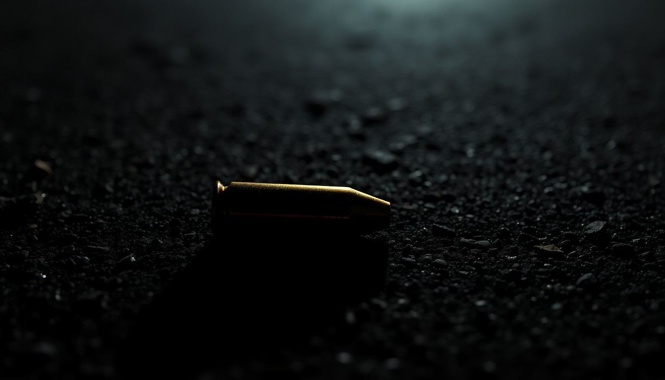 An extreme close-up photograph of a spent bullet casing on a dark pavement, the harsh flash creating a stark, gritty image that conceptually represents the aftermath of a violent crime incident.
