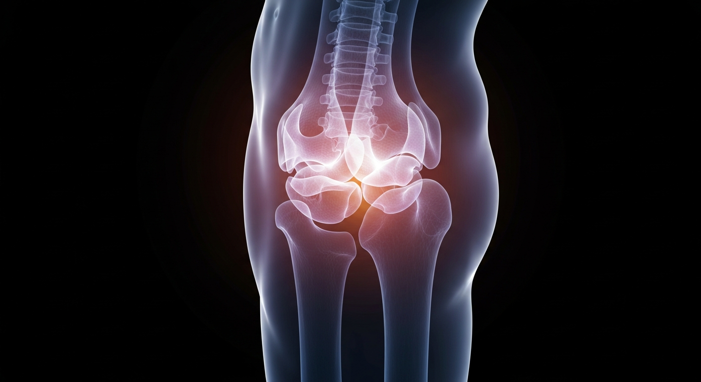 A translucent, ghostly X-ray image revealing the intricate structures of a human joint, conceptually illustrating the potential of regenerative medicine therapies.