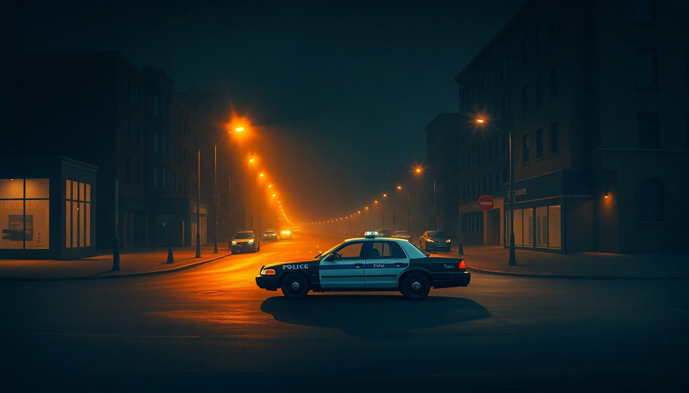 A photorealistic painting of a lone police car parked on a dimly lit city street at night, the vehicle's lights casting a warm glow across the pavement and surrounding buildings, evoking a sense of quiet contemplation about the intersection of local and federal authority.