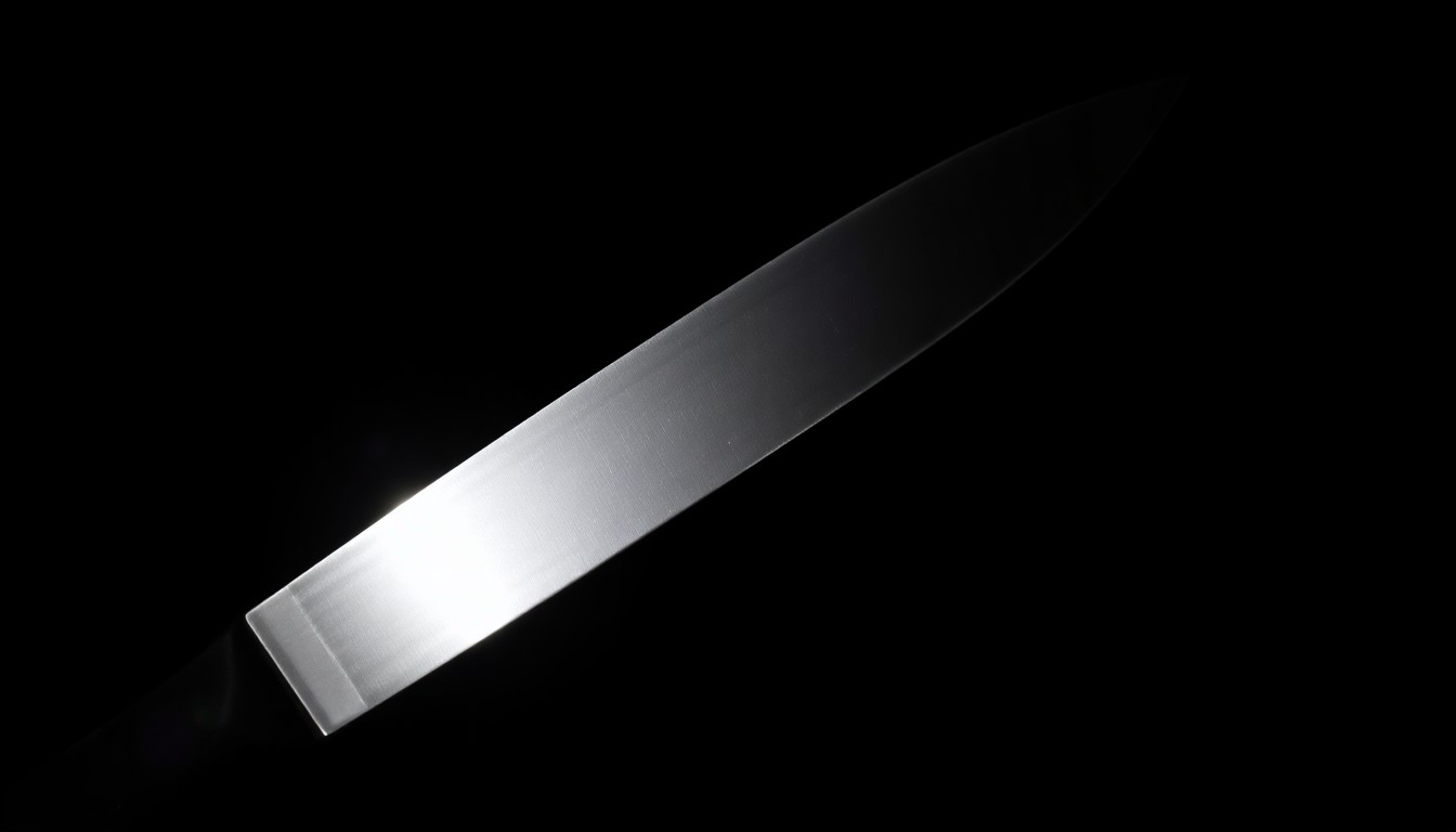 An extreme close-up of a single knife blade against a pitch-black background, lit by a harsh, direct camera flash, conceptually representing the physical evidence at the center of a violent crime investigation.