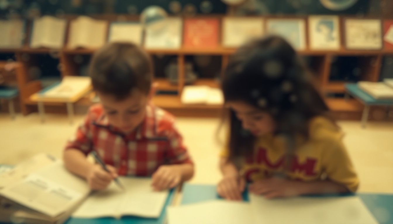 An abstract, out-of-focus image composed of soft, warm pools of color and light, depicting blurred shapes and forms that suggest elementary school students exploring historical materials.