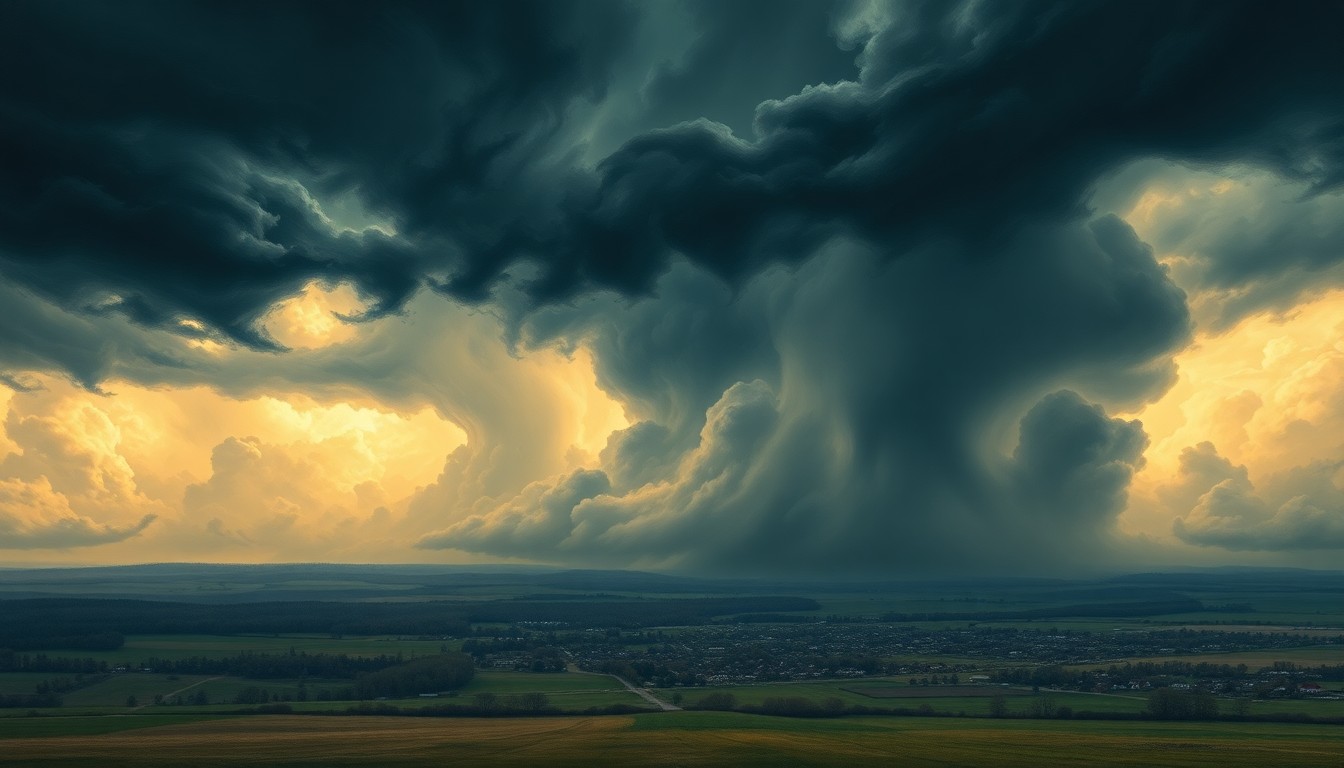 A sweeping, atmospheric landscape painting in muted tones of gray, blue, and green, depicting a massive storm system dominating the sky over a small town, with the structures and landscape dwarfed by the dramatic, swirling clouds and wind.