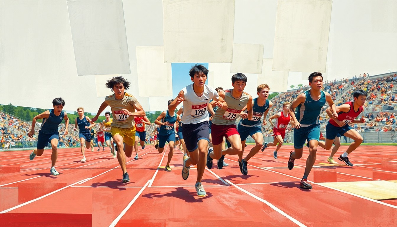 A cubist, geometric painting depicting the dynamic motion and energy of a high school track and field competition, with overlapping planes of color and form representing the athletes' movements.