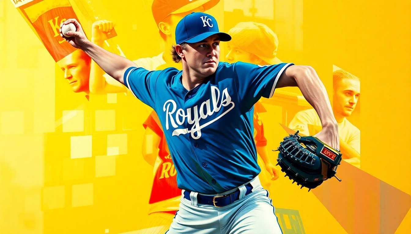 A fragmented, cubist-style painting depicting a baseball pitcher's windup and delivery, with sharp geometric planes in the Royals' royal blue and powder blue colors, conveying the raw energy and potential of the team's top prospect making his major league debut.