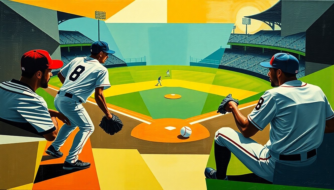 A fractured, multi-perspective painting in vibrant colors, breaking down a minor league baseball game into sharp, overlapping geometric shapes and planes, with the players' forms abstracted into angular forms and the ball and field elements deconstructed into a cubist composition.