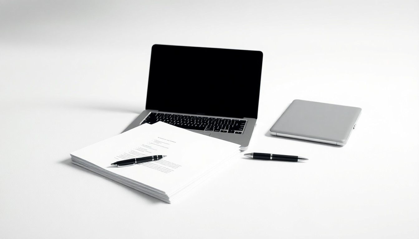 A photorealistic studio still life featuring a stack of business documents, a laptop, and a pen arranged elegantly on a clean white background, conceptually representing the abstract concepts of corporate strategy and talent acquisition.