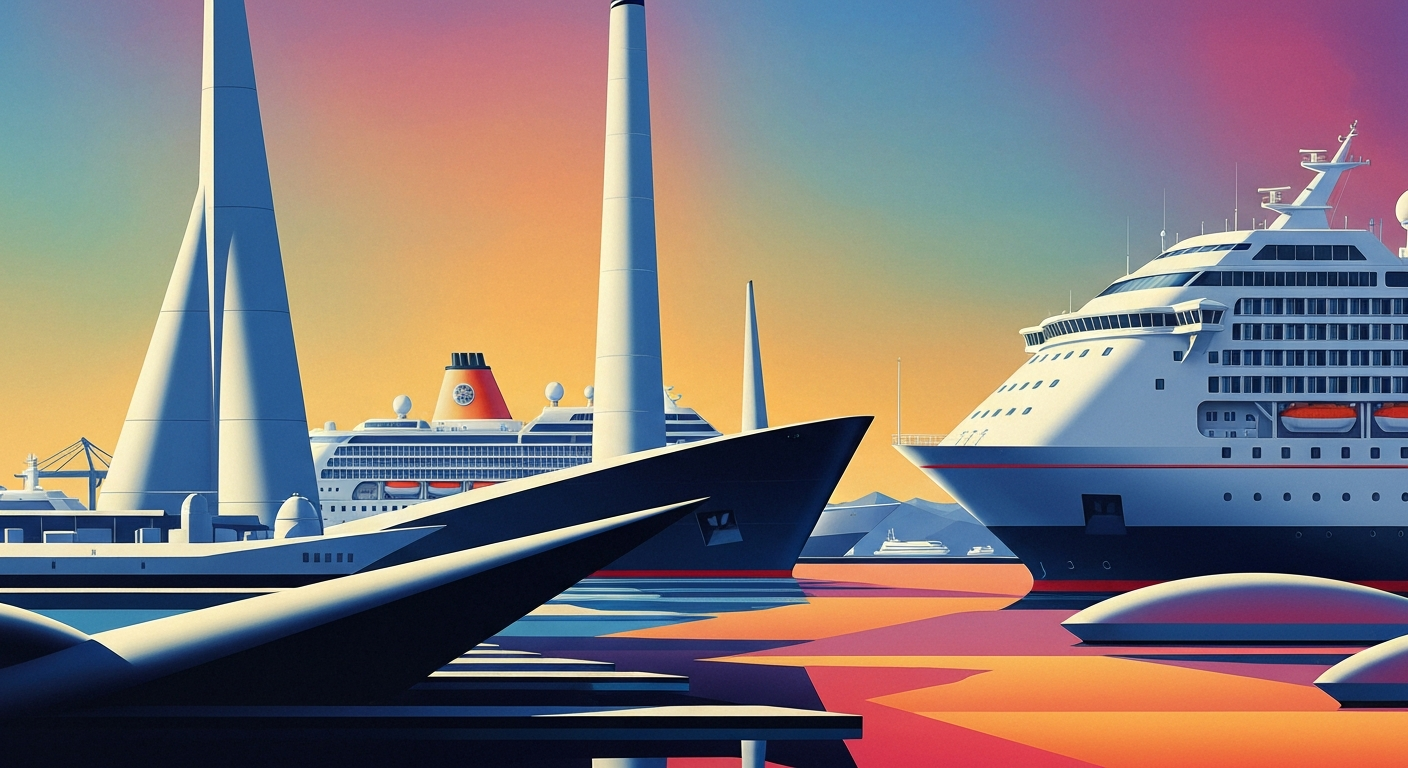 A bold, geometric illustration in the Art Deco style, depicting the grand scale and sweeping perspectives of a modern cruise port, conceptually representing the industry insights and strategies Aquila will share at Seatrade Cruise Global 2026.