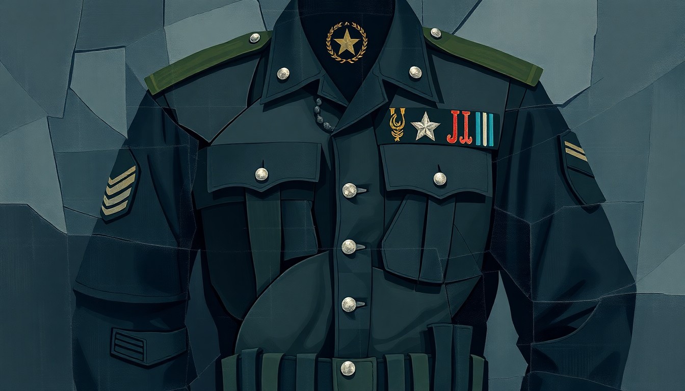 A fragmented, abstract painting depicting military uniforms, insignia, and equipment in overlapping geometric shapes and brushstrokes, conveying a sense of disruption and instability within the armed forces.