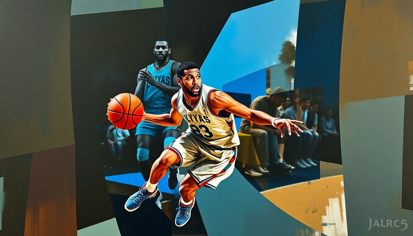 A fractured, cubist-style painting depicting the dynamic movements and energy of a basketball player, with the player's face and uniform abstracted into geometric shapes and planes of color.