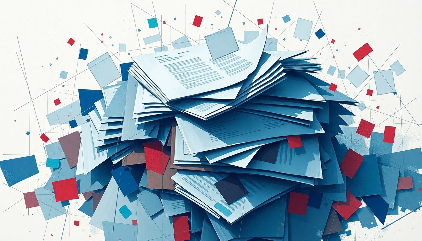 A dynamic, abstract painting featuring overlapping, fragmented shapes and lines in shades of blue, grey, and red, conceptually representing the complex and competitive job market for both American and foreign graduates.