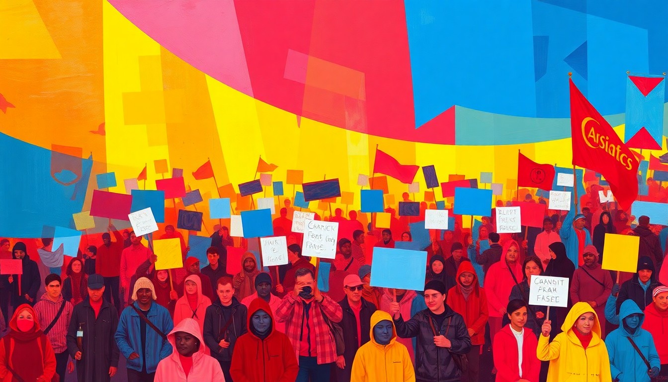 A dynamic, abstract painting of a crowd of protesters marching with signs, the figures repeated in overlapping, geometric waves of bright colors, conceptually representing the energy and momentum of the nationwide 'No Kings' demonstrations.
