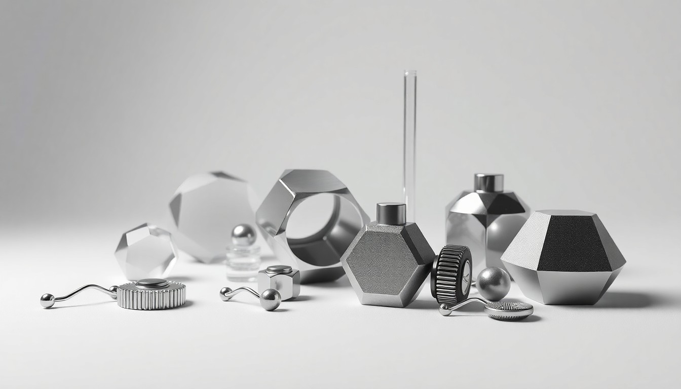A high-end, photorealistic studio still-life photograph featuring a collection of polished, geometric objects representing the various components and processes involved in oligonucleotide drug manufacturing, arranged elegantly on a clean, monochromatic background with dramatic lighting to convey the abstract concepts of the pharmaceutical industry.