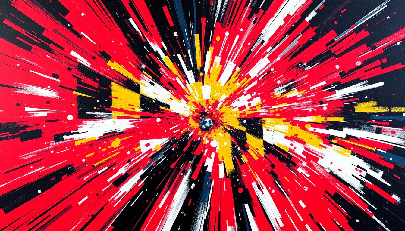 An abstract expressionist painting in neon red, white, and black, with dynamic brushstrokes evoking the thrill and intensity of sports betting.
