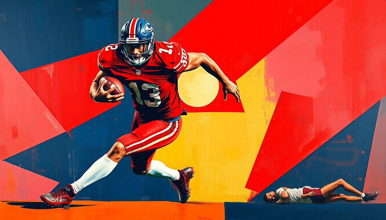 A cubist-style painting depicting a football player in mid-stride, broken down into sharp, overlapping geometric shapes in a palette of deep red, navy blue, and gold, conceptually representing the complex nature of the NFL's investigation into player misconduct allegations.