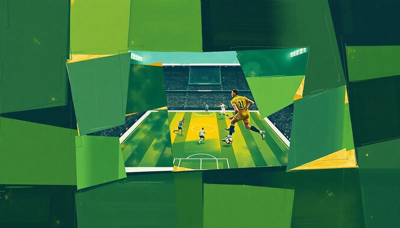 A cubist, geometric painting depicting a fragmented football game, with overlapping planes of muted green, gold, and navy blue tones, conveying the complex challenges facing the Green Bay Packers as Congress reviews the Sports Broadcasting Act.
