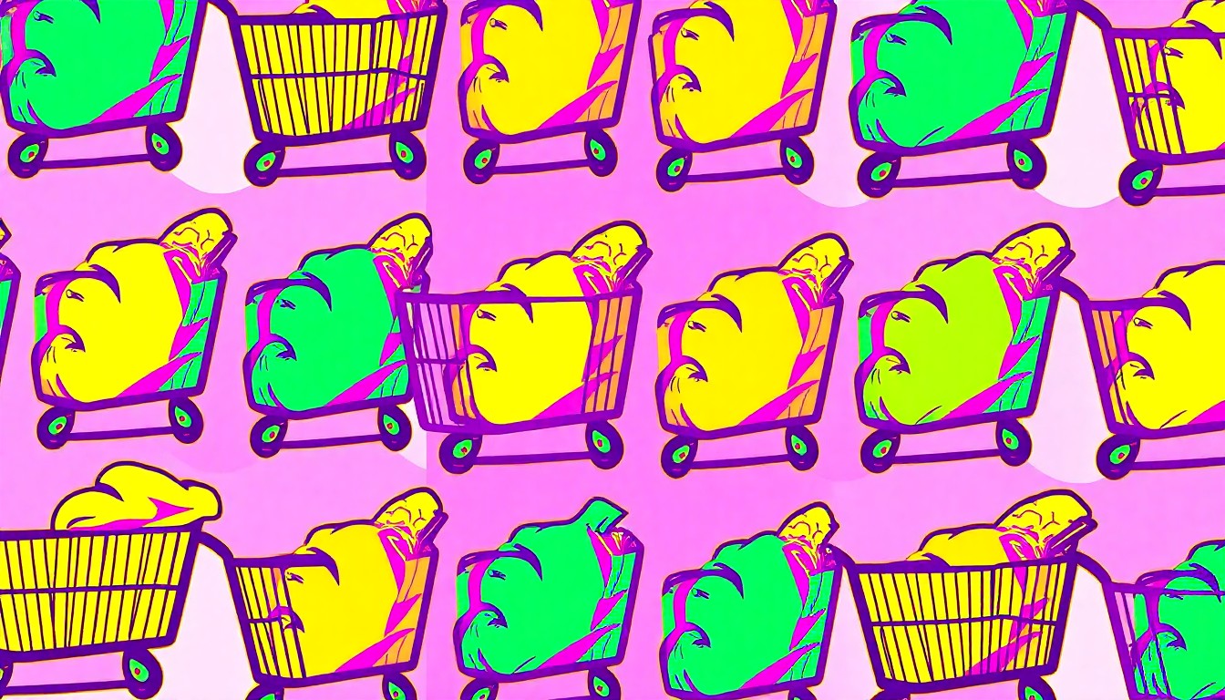 A brightly colored, high-contrast silkscreen print of a shopping cart repeated in a grid pattern, representing the personal belongings and symbols of homelessness that were left behind when the U.S. Forest Service evicted residents from the China Hat encampment.