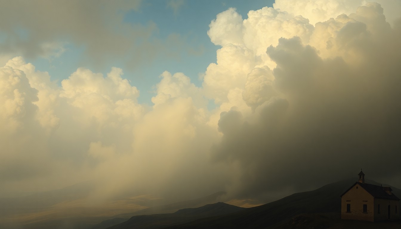 A dramatic, atmospheric landscape painting with thick, billowing smoke obscuring the horizon, conveying the overwhelming power of nature and the uncertainty surrounding a potential fire in the Lake Elsinore region.