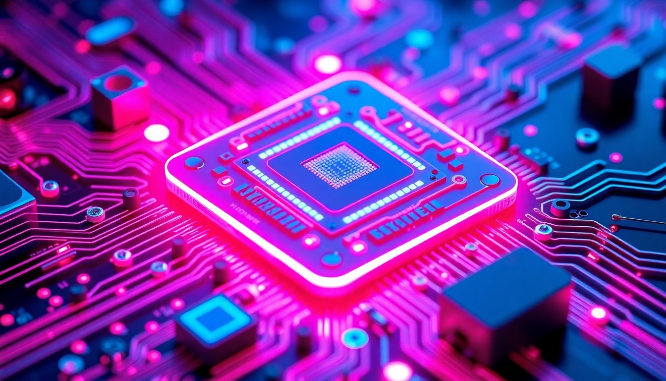 A highly detailed, glowing 3D macro illustration of a complex medical imaging sensor or chip, with intricate cybernetic hardware illuminated by neon cyan and magenta lights, conceptually representing the advanced technology behind modern medical imaging devices.