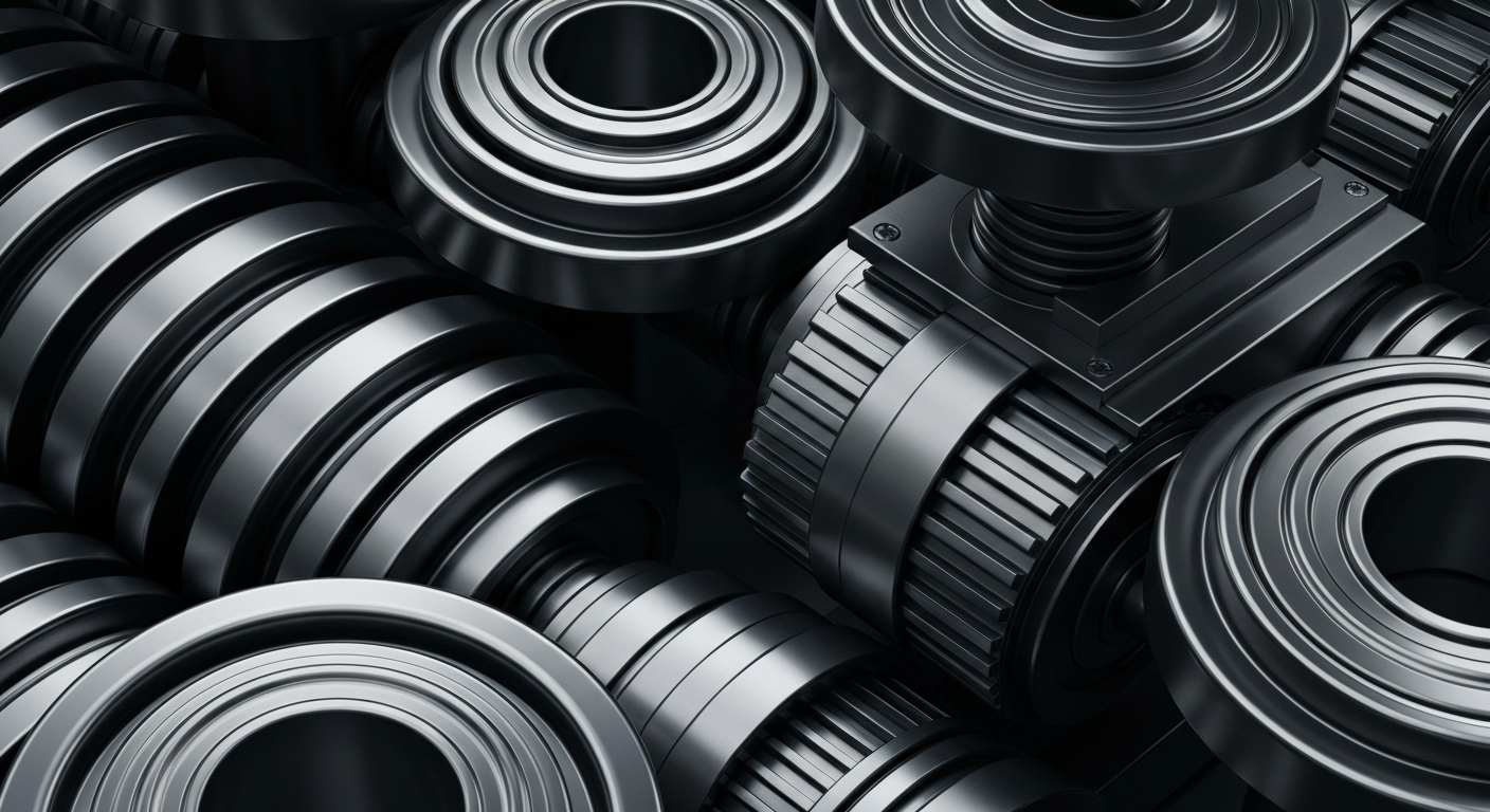 An extreme close-up of gears, levers, and other heavy industrial machinery in shades of silver and steel, conveying the intricate inner workings of a financial institution.