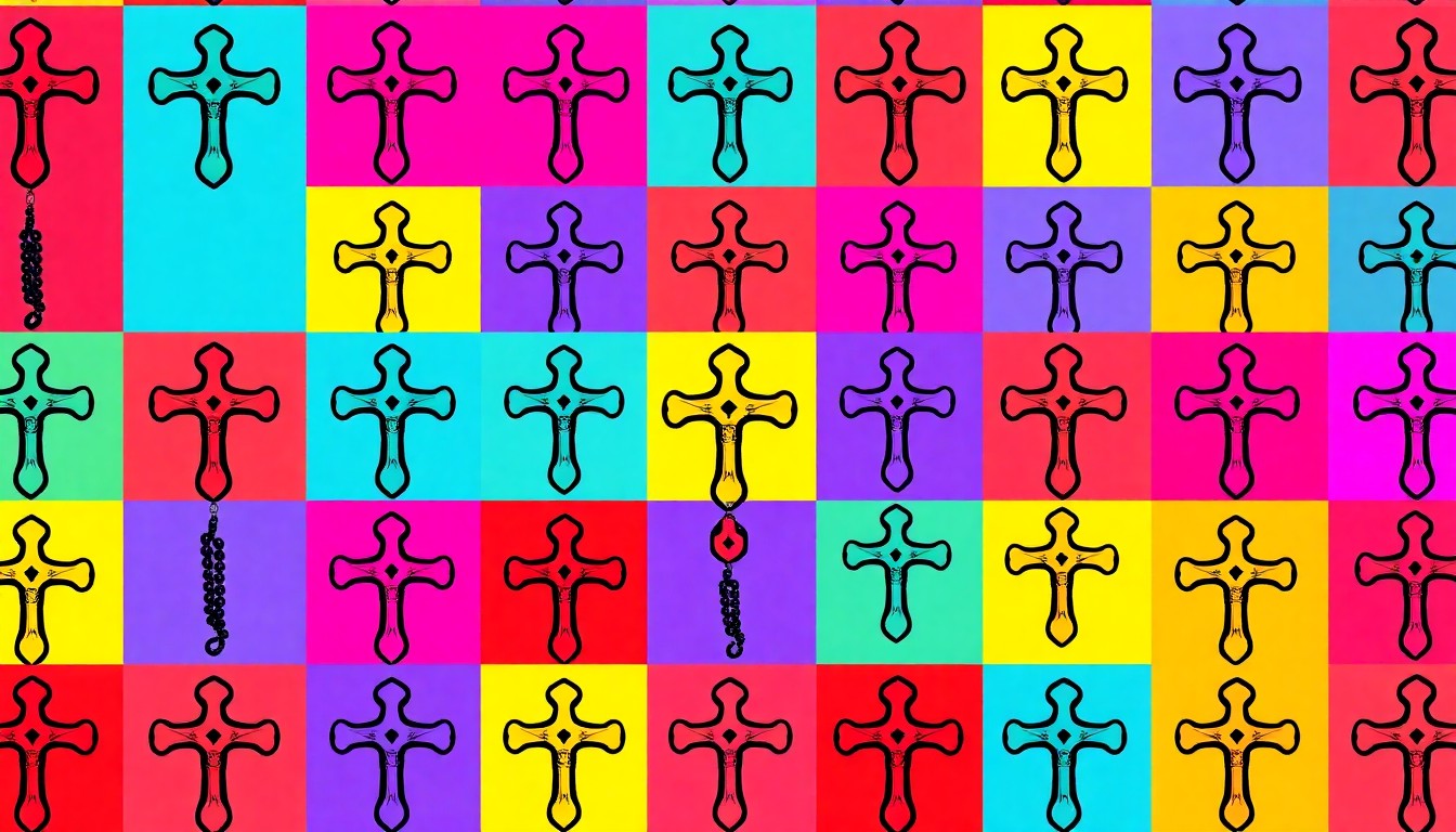 A brightly colored, high-contrast silkscreen print of a single, iconic religious cross symbol repeated in a tight grid pattern, utilizing flat, vibrant neon color palettes and heavy black outlines to transform the everyday object into a modern pop art piece.