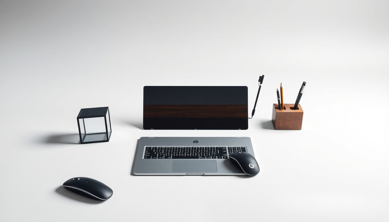 A high-end, photorealistic studio still-life photograph featuring a sleek laptop, wireless mouse, and minimalist desk organizer, symbolizing the sophisticated, high-tech nature of the Fixed Summit conference.