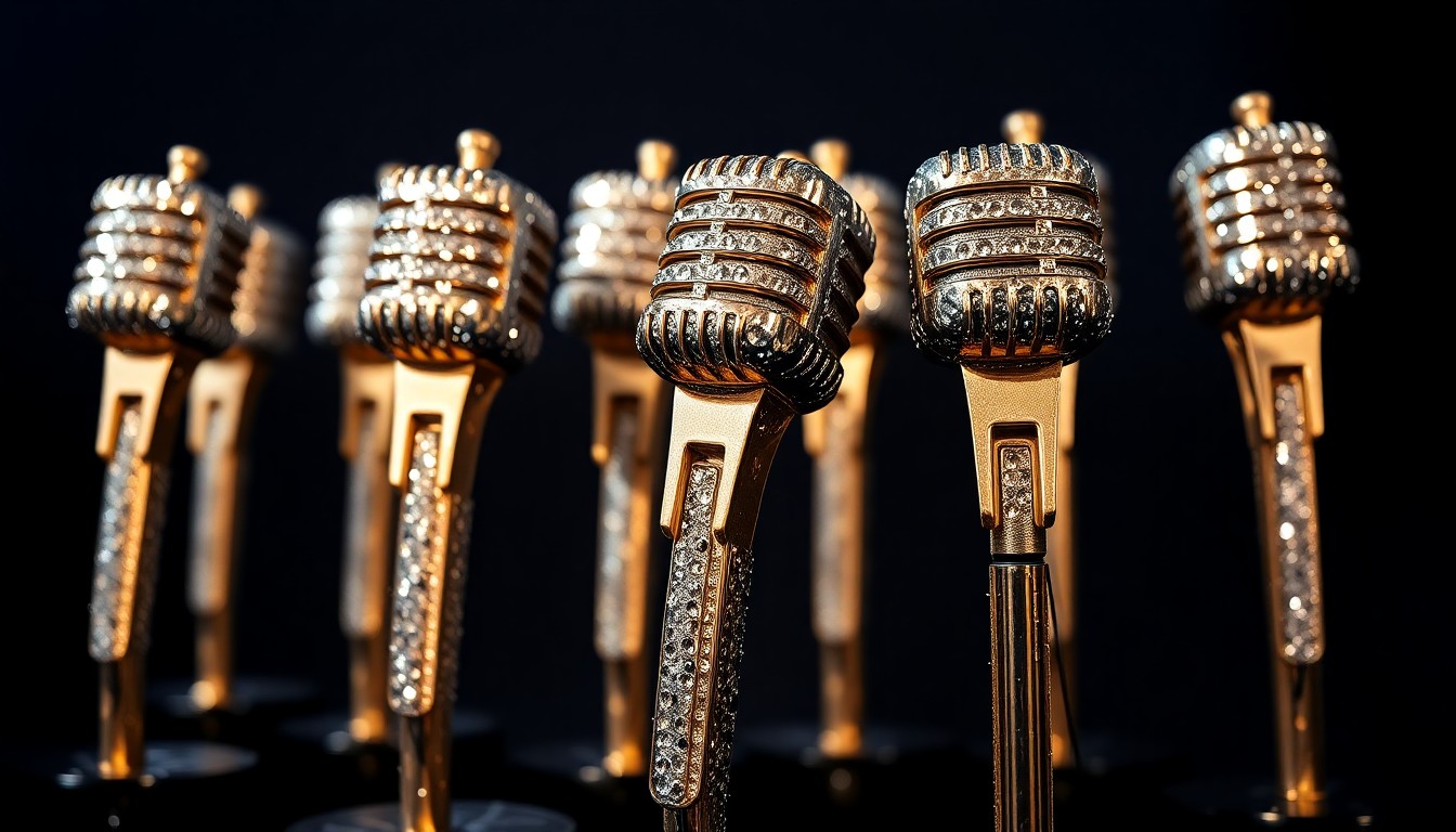 An extreme close-up photograph showcasing the luxurious textures of country music awards and microphones, capturing the high-fashion glamour of the genre's top artists.