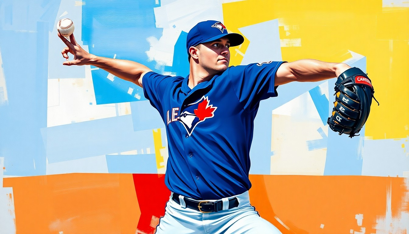 A cubist-style painting depicting a baseball pitcher's windup and delivery broken down into sharp, overlapping geometric shapes in the Blue Jays' team colors of royal blue, red, and white.