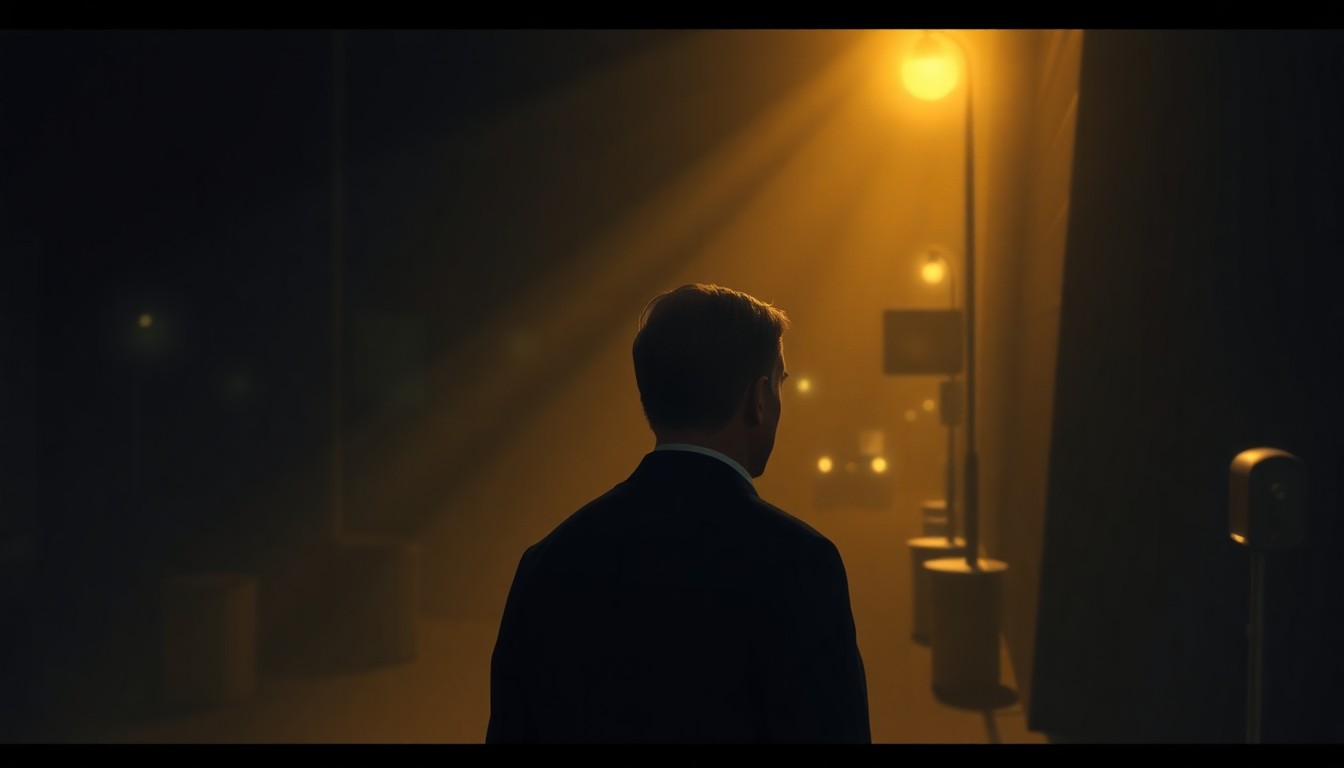 A cinematic painting depicting a lone political figure standing in a dimly lit urban setting, with warm sunlight casting dramatic shadows across the scene, conveying a sense of solitude and uncertainty in the lead-up to a pivotal election.