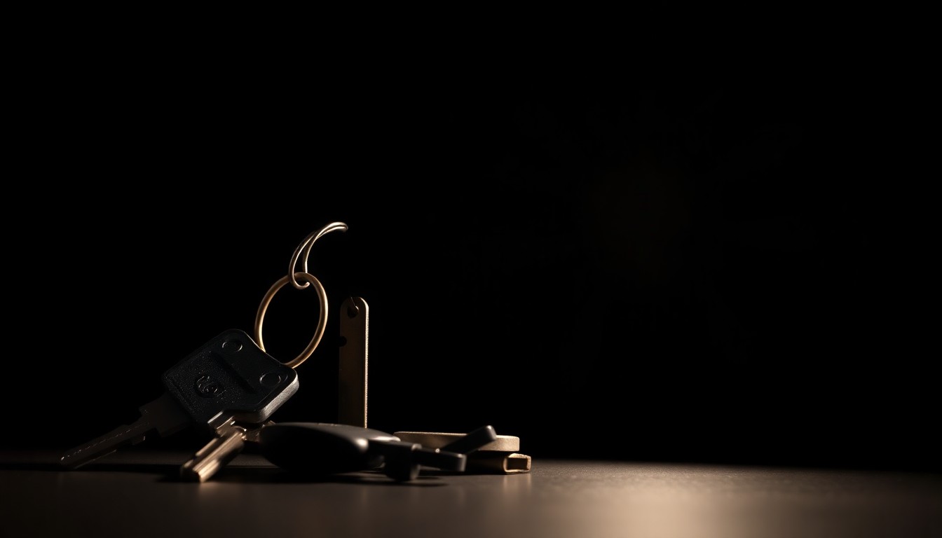 An extreme close-up photograph of a set of keys and a steering wheel from a stolen city truck, lit by a harsh, direct camera flash against a pitch-black background, conceptually illustrating the gritty details of a crime involving a stolen municipal vehicle.