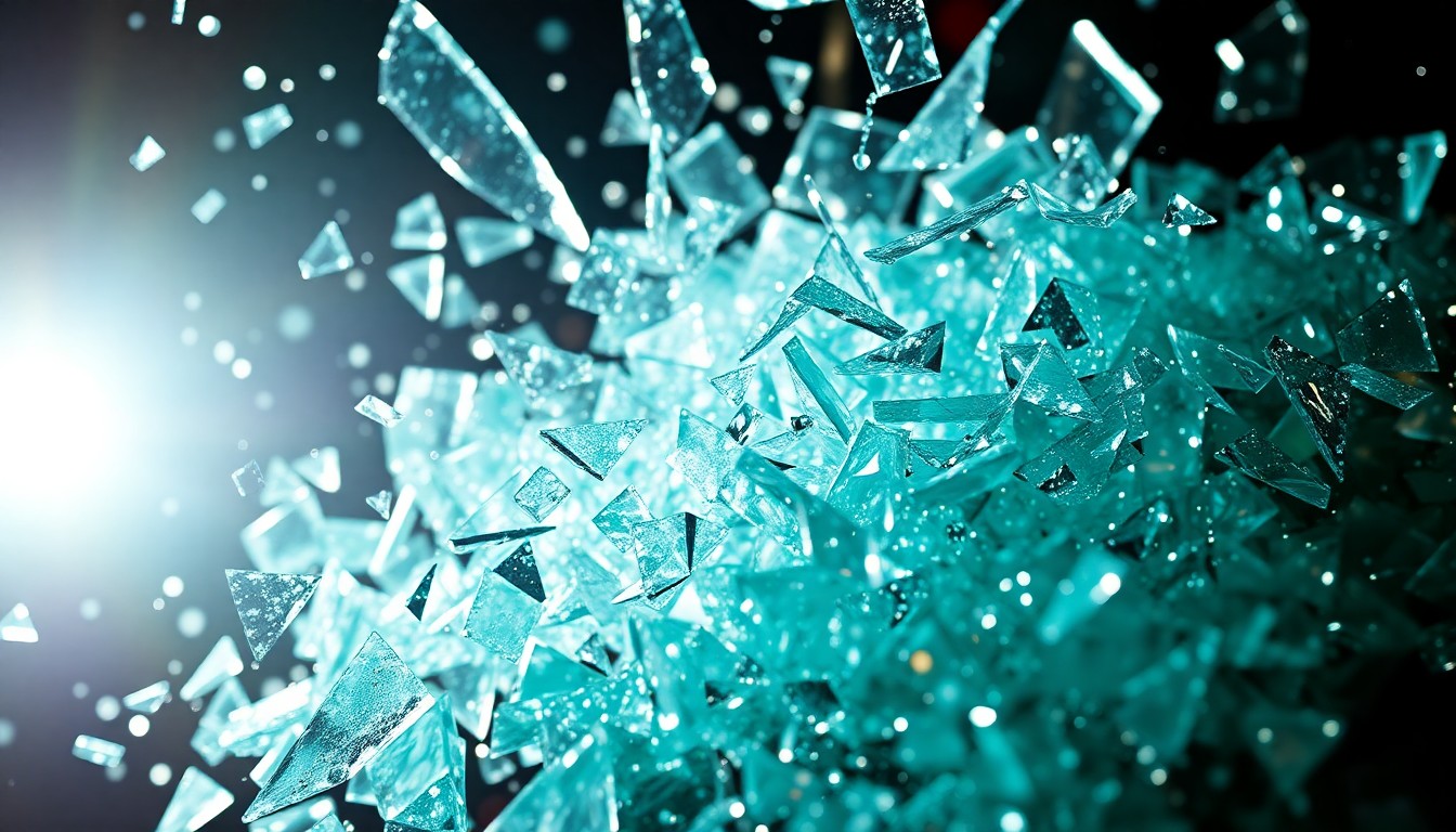 An abstract close-up photograph of shattered, reflective glass shards in dramatic high-contrast lighting, conveying the idea of behind-the-scenes drama and tensions in the reality TV industry.