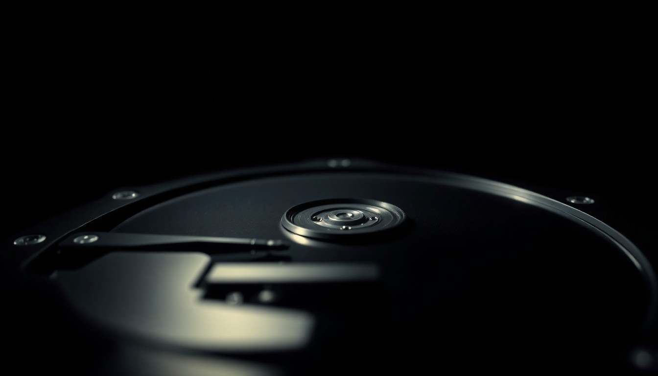 An extreme close-up photograph of a computer hard drive with a harsh, direct camera flash, creating a stark, gritty, investigative aesthetic that conceptually represents the data breach affecting the town of Apex.