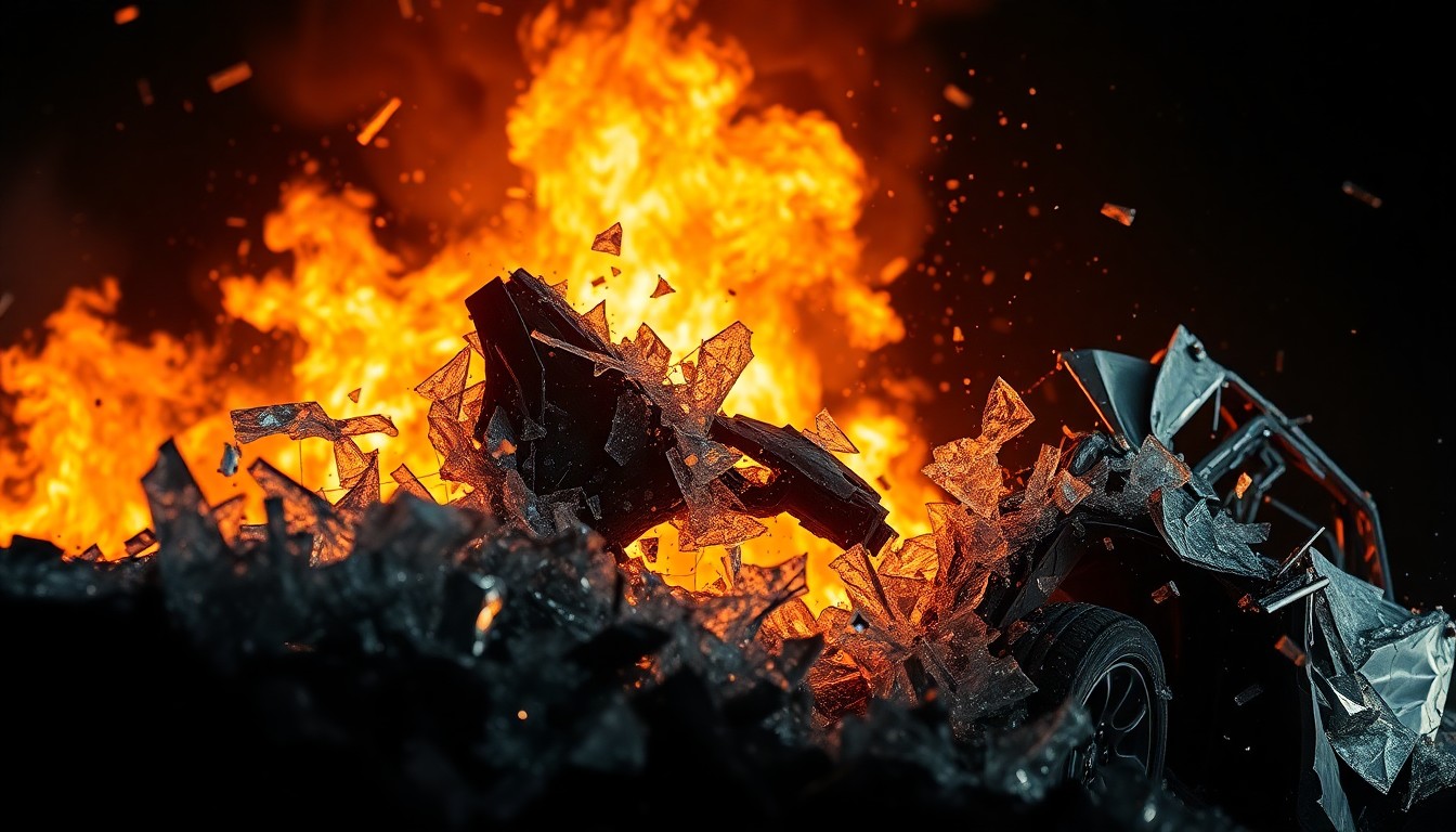 An abstract close-up photograph of shattered glass and crumpled metal in high-contrast black and white, conveying the damage and chaos of a fiery car crash without depicting any specific people or vehicles.