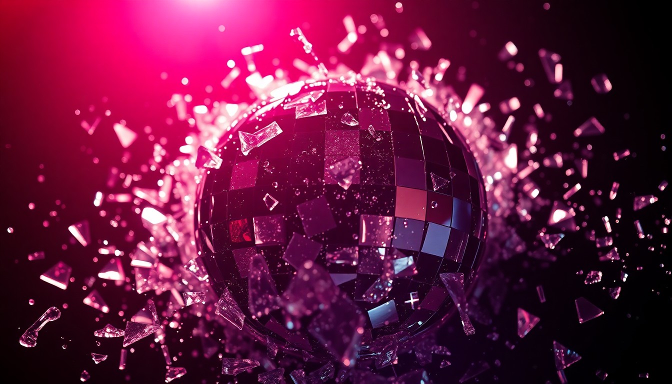 An extreme close-up photograph of shattered glass shards reflecting bright, high-contrast studio lighting, conveying a sense of the glitz and glamour of the entertainment industry.