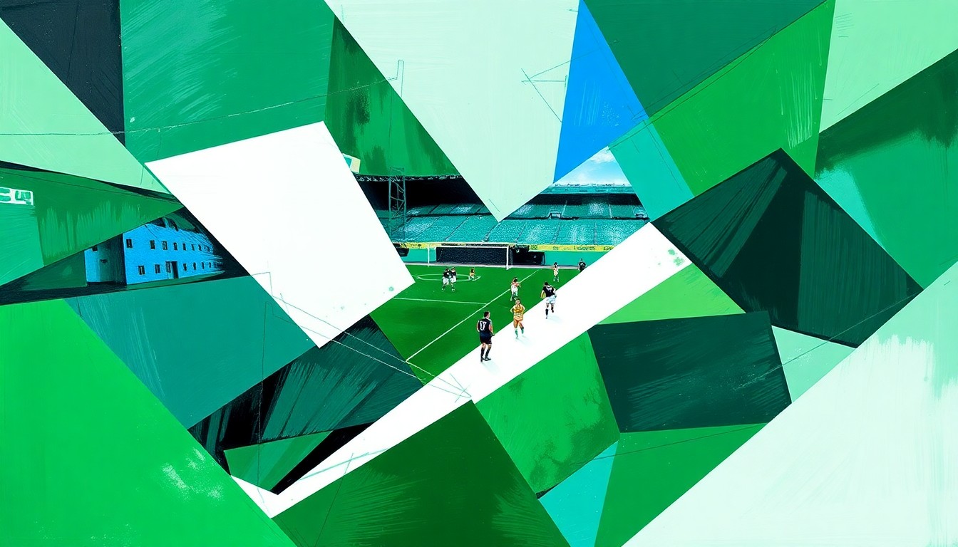 A fractured, multi-perspective painting in the style of Pablo Picasso, breaking a women's soccer match down into sharp, overlapping geometric planes in shades of green, blue, and white, conveying the dynamic energy and movement of the sport.