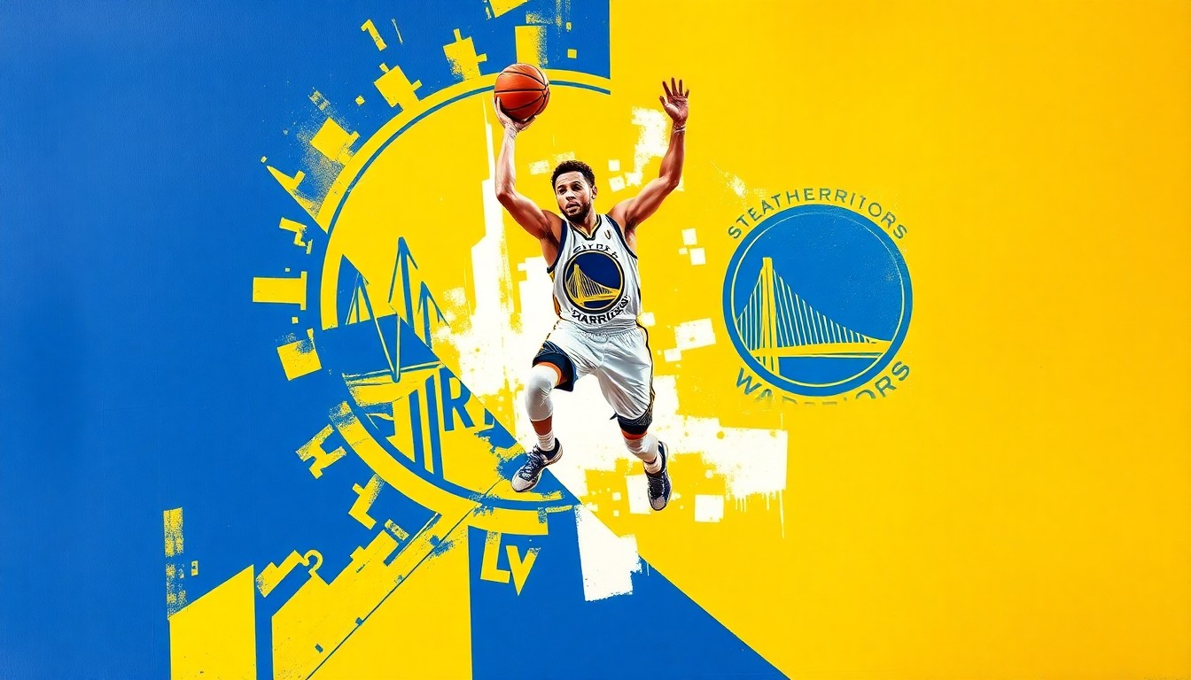 Lukisan kubis yang menggambarkan gerakan dinamis dan energi seorang pemain basket, dengan warna resmi Golden State Warriors.